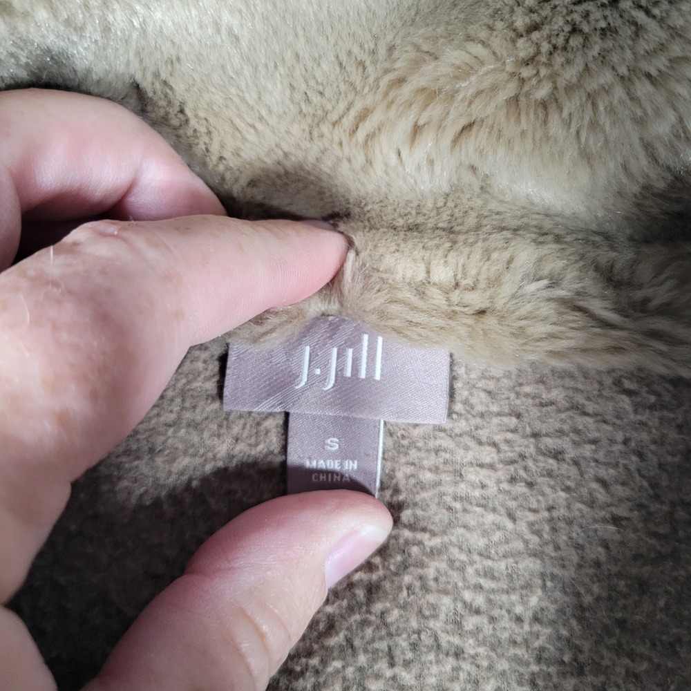 J. Jill Fleece Coat Womens Size S Taupe Faux Fur Collar Snap Front 84181005